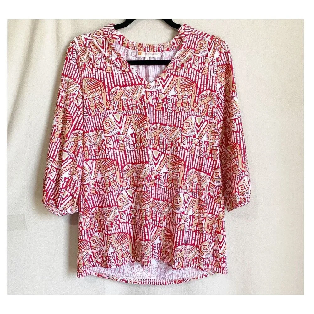 Jude Connally Top Small Elephant Print Red White Beige V Neck Collar 3/4 Sleeve